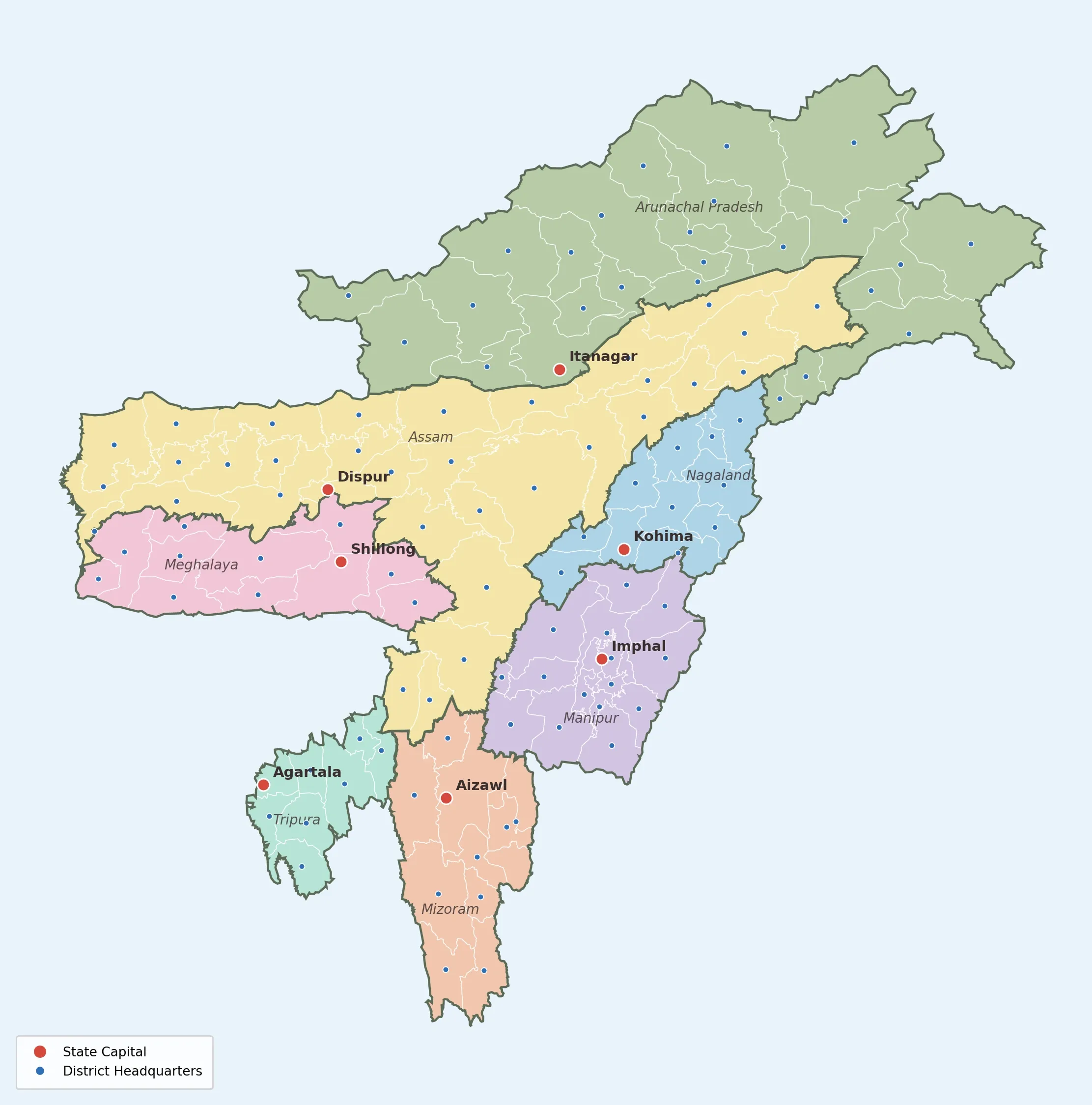 Map of North East India showing distribution hubs